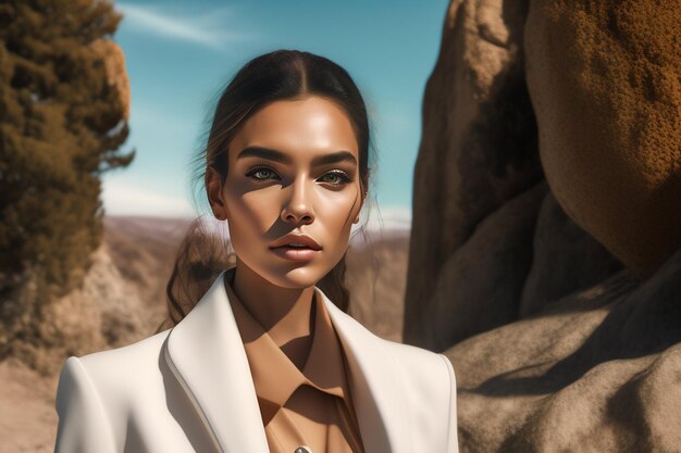 A woman in a white coat stands in front of a desert landscape.