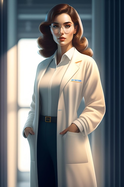 A woman in a white coat stands in front of a window.