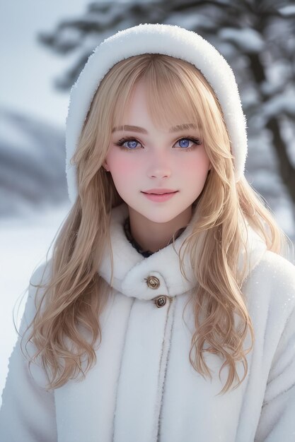 A woman in a white coat with a blue eyes stands in the snow.