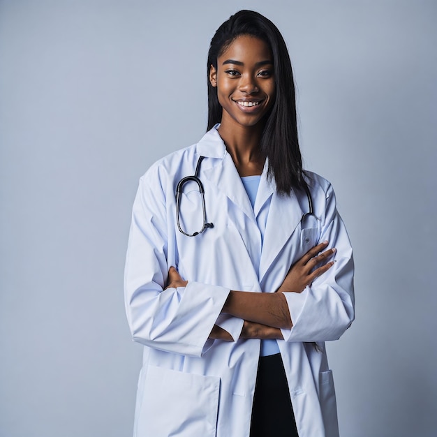 A woman in a white coat with a stethoscope on her chest is smiling.