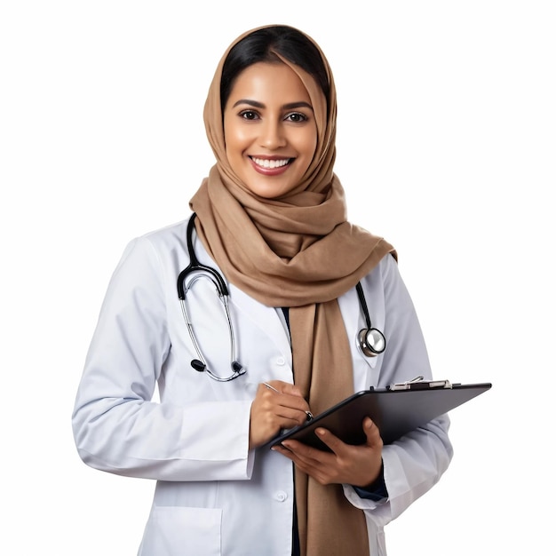 a woman in a white coat with a stethoscope on her neck