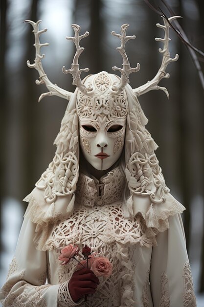 Photo a woman in a white costume with a deer head on it