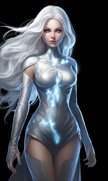 A woman in a white costume with a flash on her head