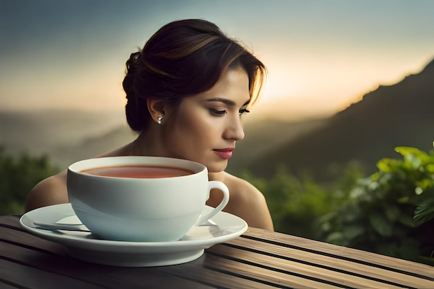 A woman in a white cup of tea with a red lips and a cup of tea