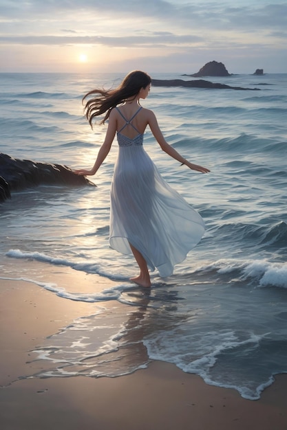 夕日が後ろに沈むビーチで白いドレスを着た女性