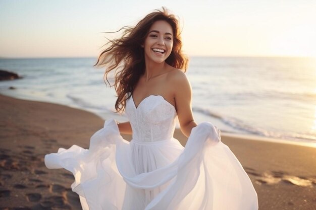 Photo a woman in a white dress on a beach