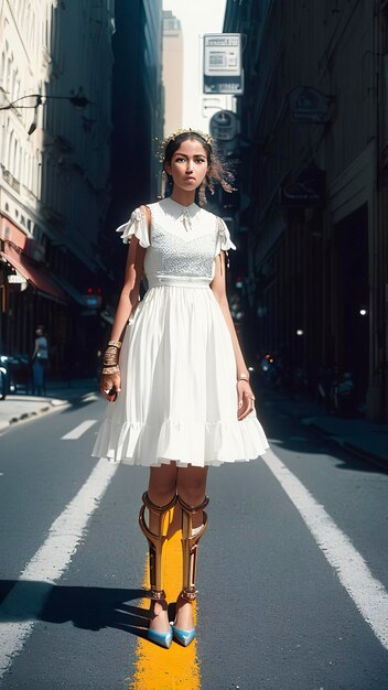 A woman in a white dress and boots is walking down a street.