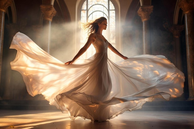 a woman in a white dress dancing in a room with a window behind her.