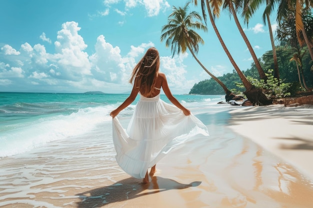  드레스 를 입은 여자 가 열대 해변 휴가 를 즐기고 있다