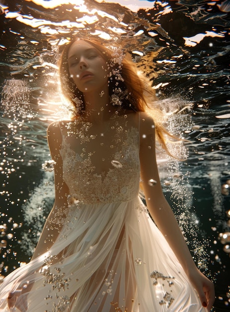 Photo woman in white dress floating underwater