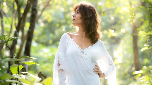 Woman in white dress in forest