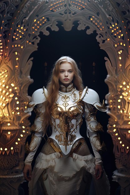 Photo a woman in a white dress and gold jacket is standing in front of a gold and white wall