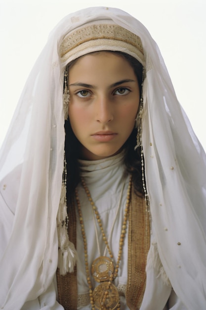 a woman in a white dress and a gold necklace