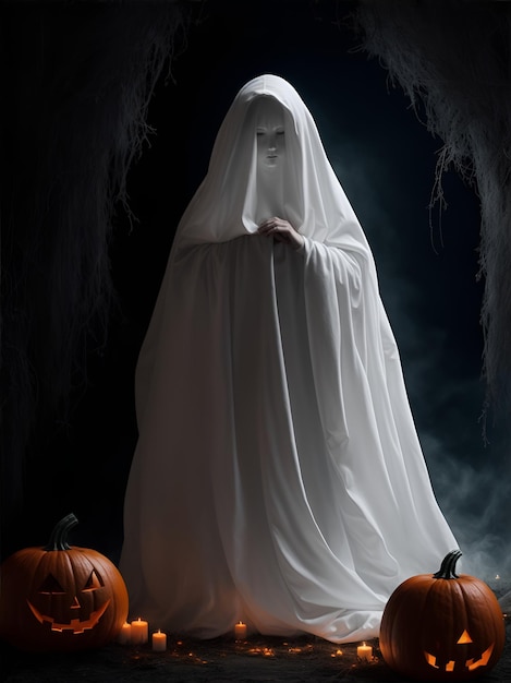 woman in white dress and halloween pumpkin in the dark 04