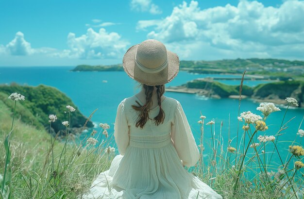 Foto donna con abito bianco e cappello che gode di una vista serena della costa