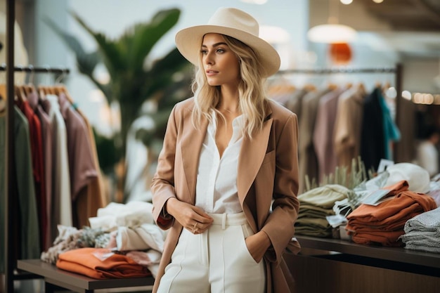 Una donna con un vestito bianco e un cappello è in piedi davanti a un negozio di abbigliamento