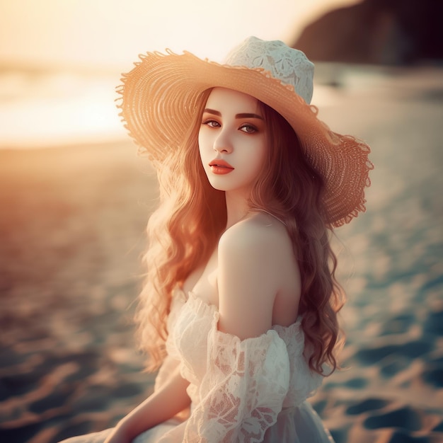 A woman in a white dress and hat sits on the beach