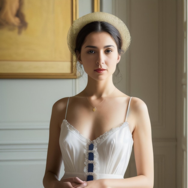 A woman in a white dress and a hat stands in front of a painting.