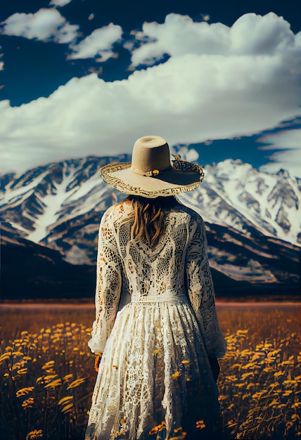 A woman in a white dress on the highest mountain Generative AIxA