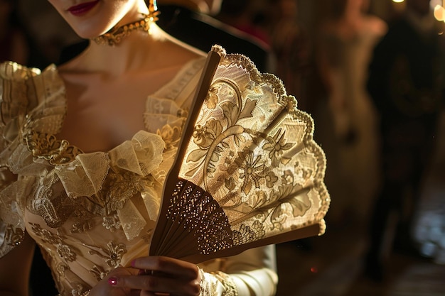 a woman in a white dress holding a fan that says  she is holding it