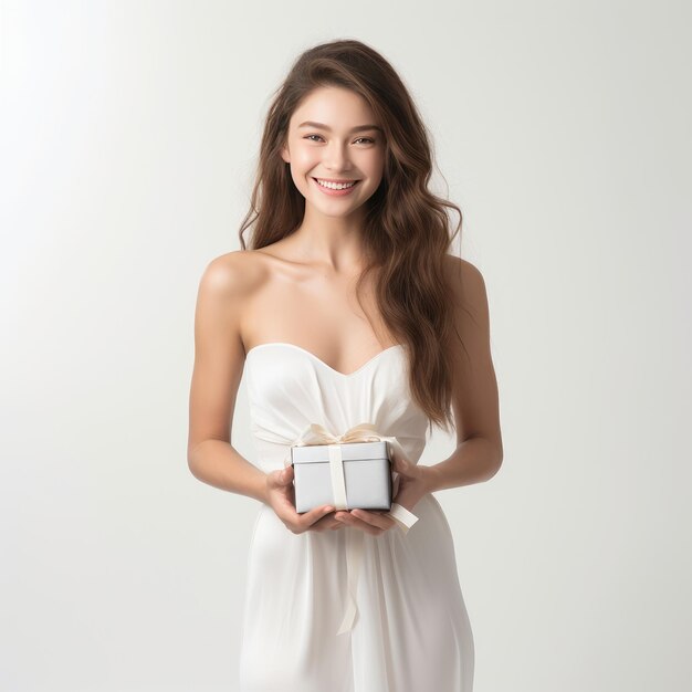 a woman in a white dress holding a gift box.