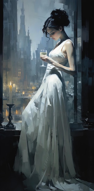 A woman in a white dress holding a glass of champagne