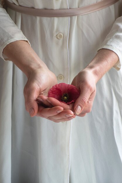 Woman in white dress holding one red poppy flower. Close up.