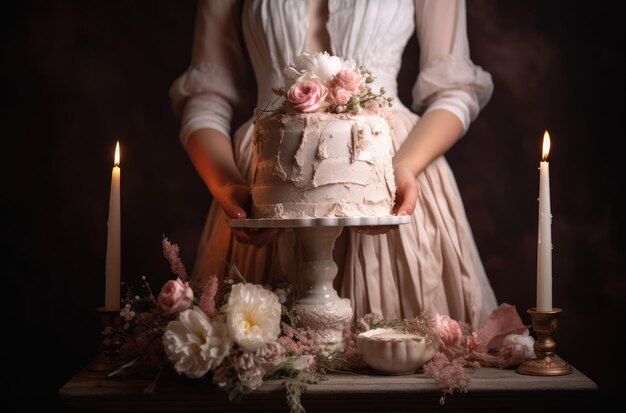 A woman in a white dress holds a cake with pink flowers on it.