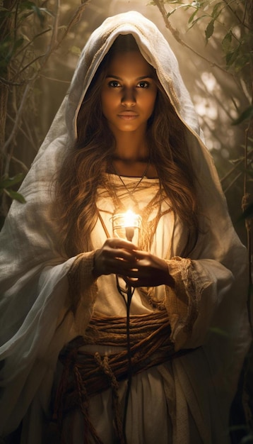 a woman in a white dress holds a candle in her hands.