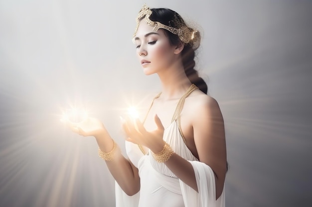 A woman in a white dress holds her hands in the air with the sun shining on her.