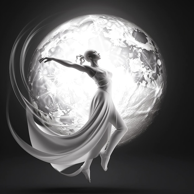 A woman in a white dress is dancing with a globe in the background.
