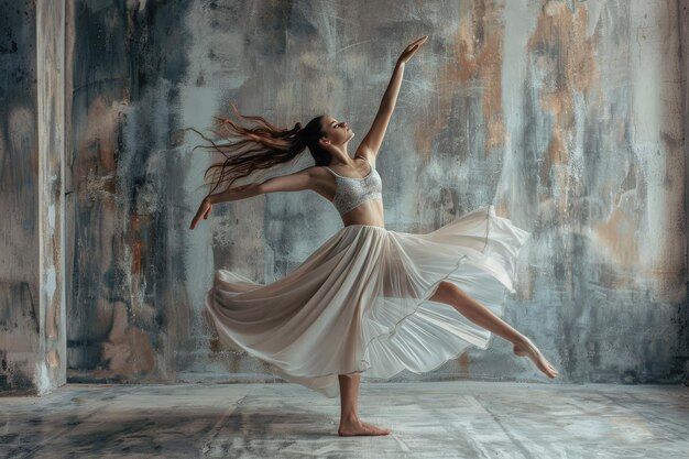 A woman in a white dress is dancing