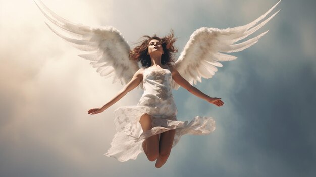 A woman in a white dress is flying in the sky with angel wings.