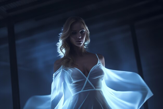 Photo a woman in a white dress is glowing in the dark