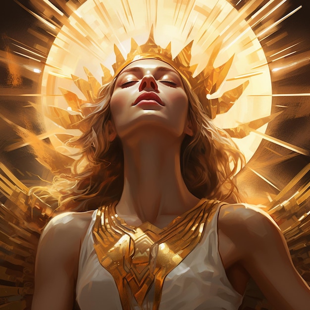 a woman in a white dress is holding a golden halo of the sun above her head.