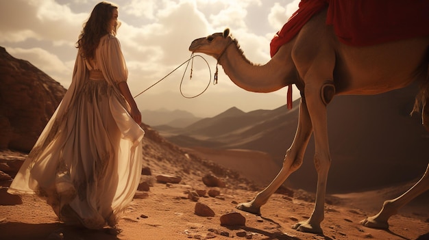 A woman in a white dress is leading a camel through the desert.