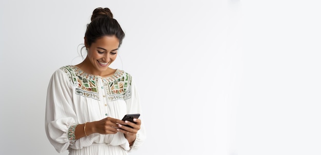 a woman in a white dress is looking at her phone