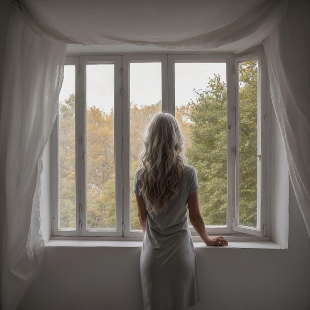 Photo a woman in a white dress is looking out a window