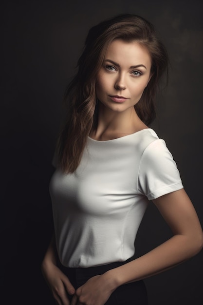 A woman in a white dress is posing for a photo.