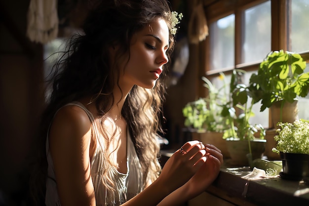 Photo a woman in a white dress is praying by a window with plants and a window