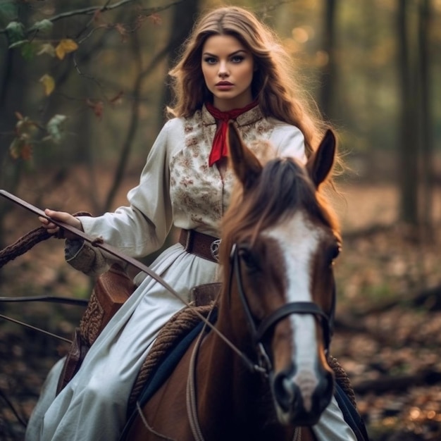 A woman in a white dress is riding a horse in the woods