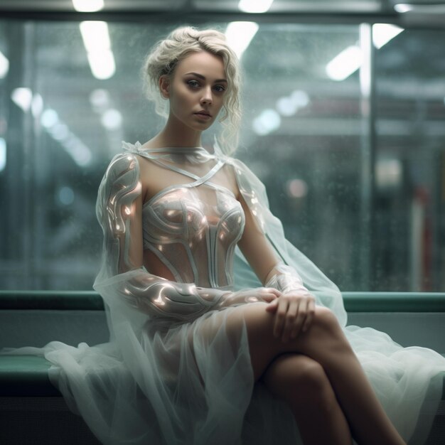 a woman in a white dress is sitting on a bench.