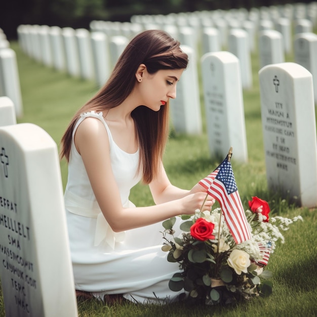 Foto una donna vestita di bianco è seduta in un cimitero con una bandiera davanti a sé