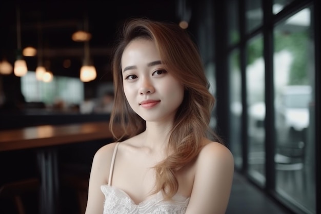 Photo a woman in a white dress is sitting in a restaurant