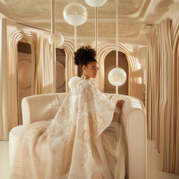 Foto una donna con un vestito bianco è seduta in una stanza con un lampadario appeso al soffitto