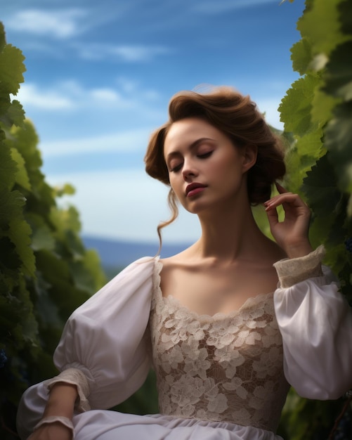 a woman in a white dress is sitting in a vineyard