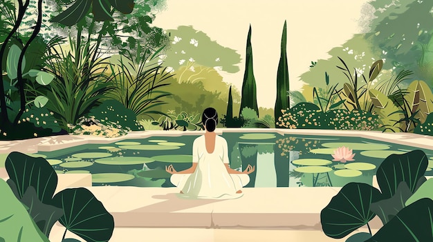 Photo a woman in a white dress is sitting in a yoga pose on a stone slab in a lush garden