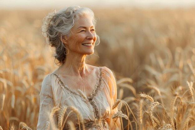 A woman in a white dress is smiling in a field of tall golden wheat