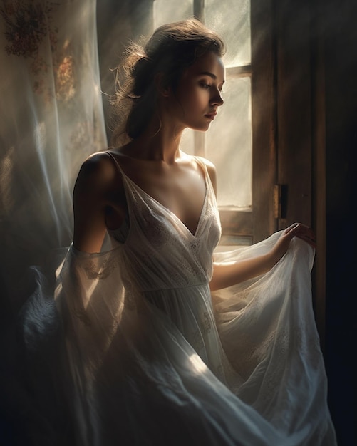 A woman in a white dress is standing by a window with the sun shining through her dress.