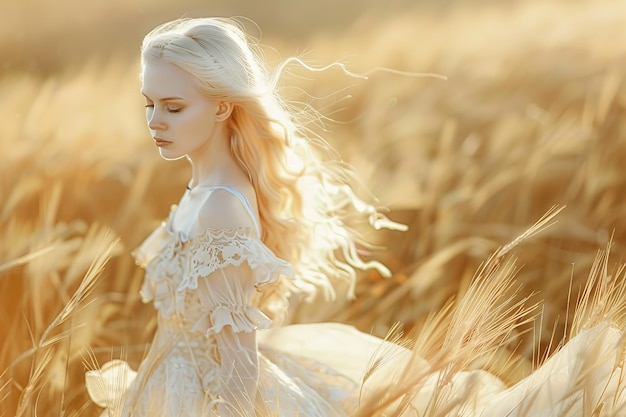 A woman in a white dress is standing in a field of tall grass